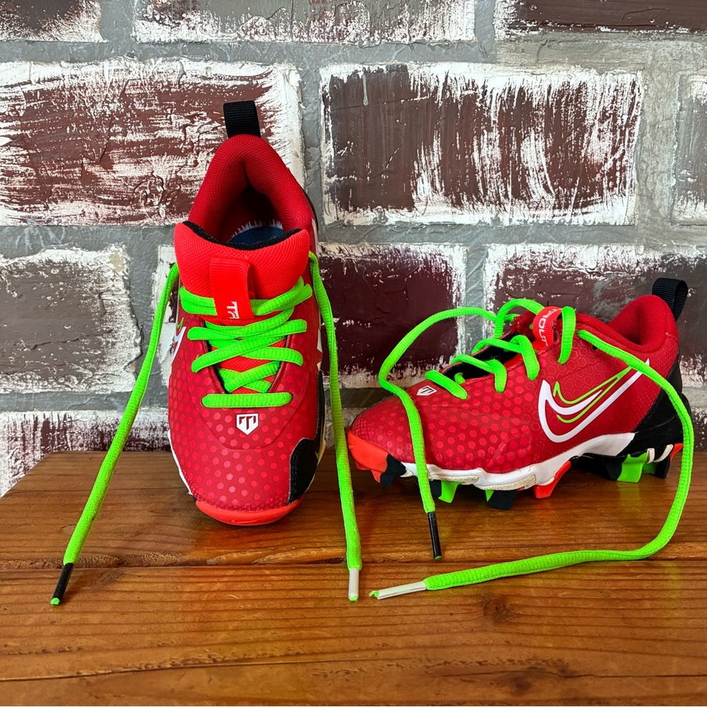 Nike Kids Vibrant Red and Neon Green Baseball Cleats Mike Trout